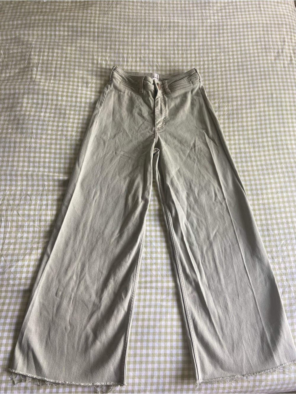 Maeve Anthropologie Wide-Leg Jeans in Light Green Raw Hem